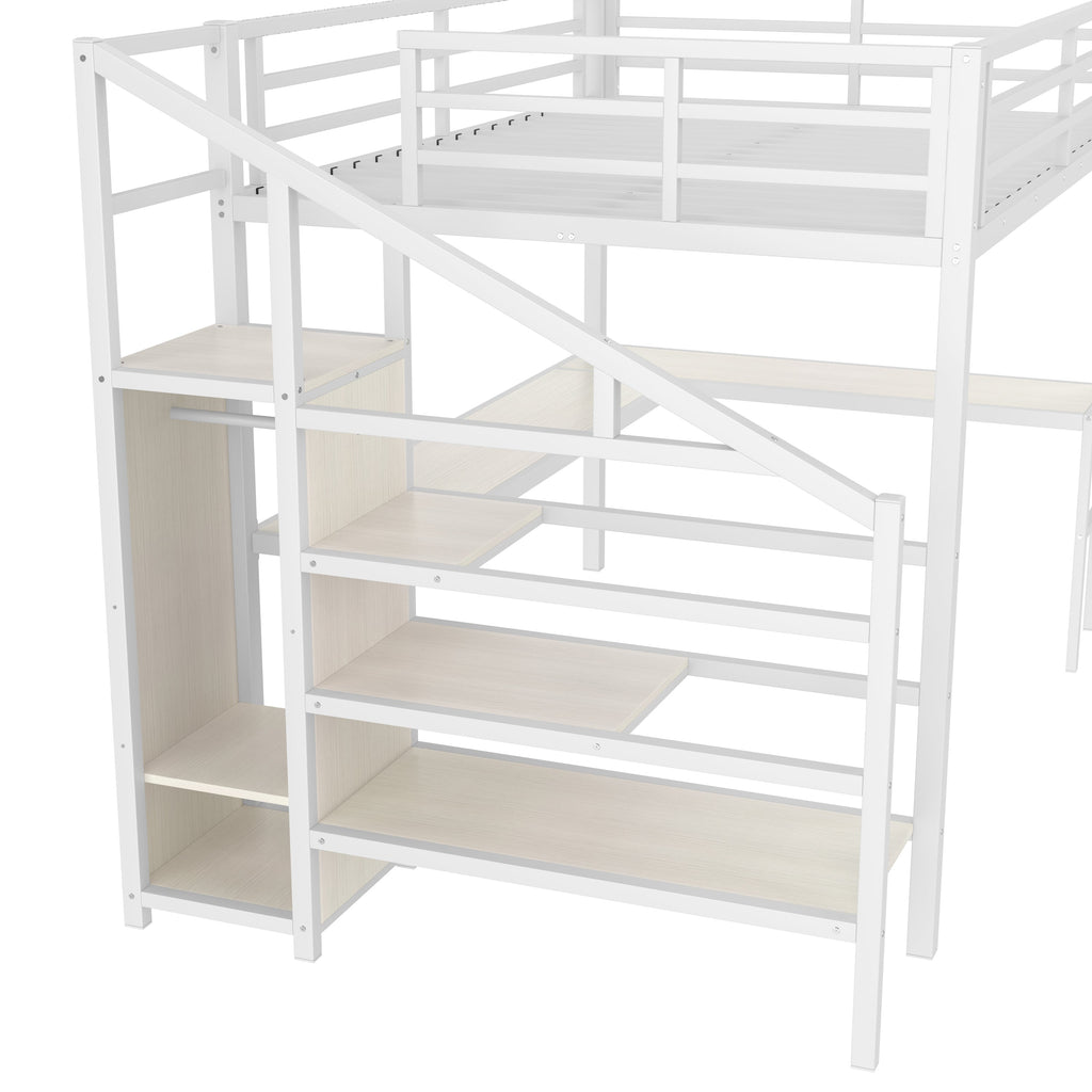 Queen Size Loft Bed with L-shaped Desk and USB, Metal Loft Bed with Wardrobe and Adjustable Shelf, High Loft Bed with LED for Kids Teens Adults, White Wood-grain