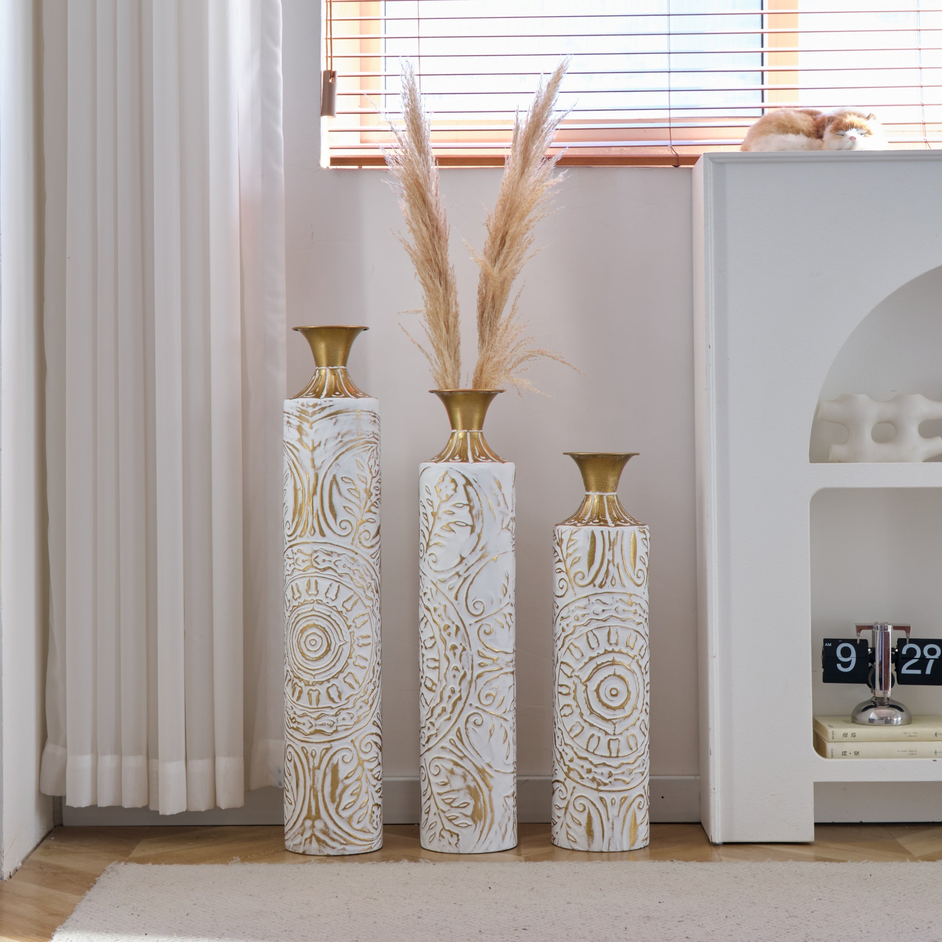 Floor Metal Vases Decorated White Metal Vases Set of 3 Gorgeous Home Decoration Large Glazed Metal Vases 24in/28.7in/33.5in Height