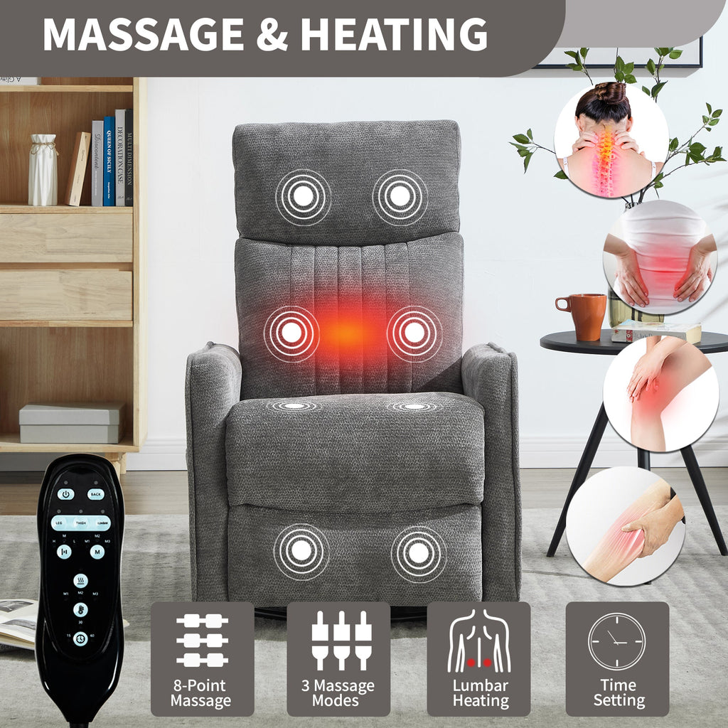 Dark Grey Heat Massage Manual Recliner Chair with Rocker and Swivel in Fabric for Living Room