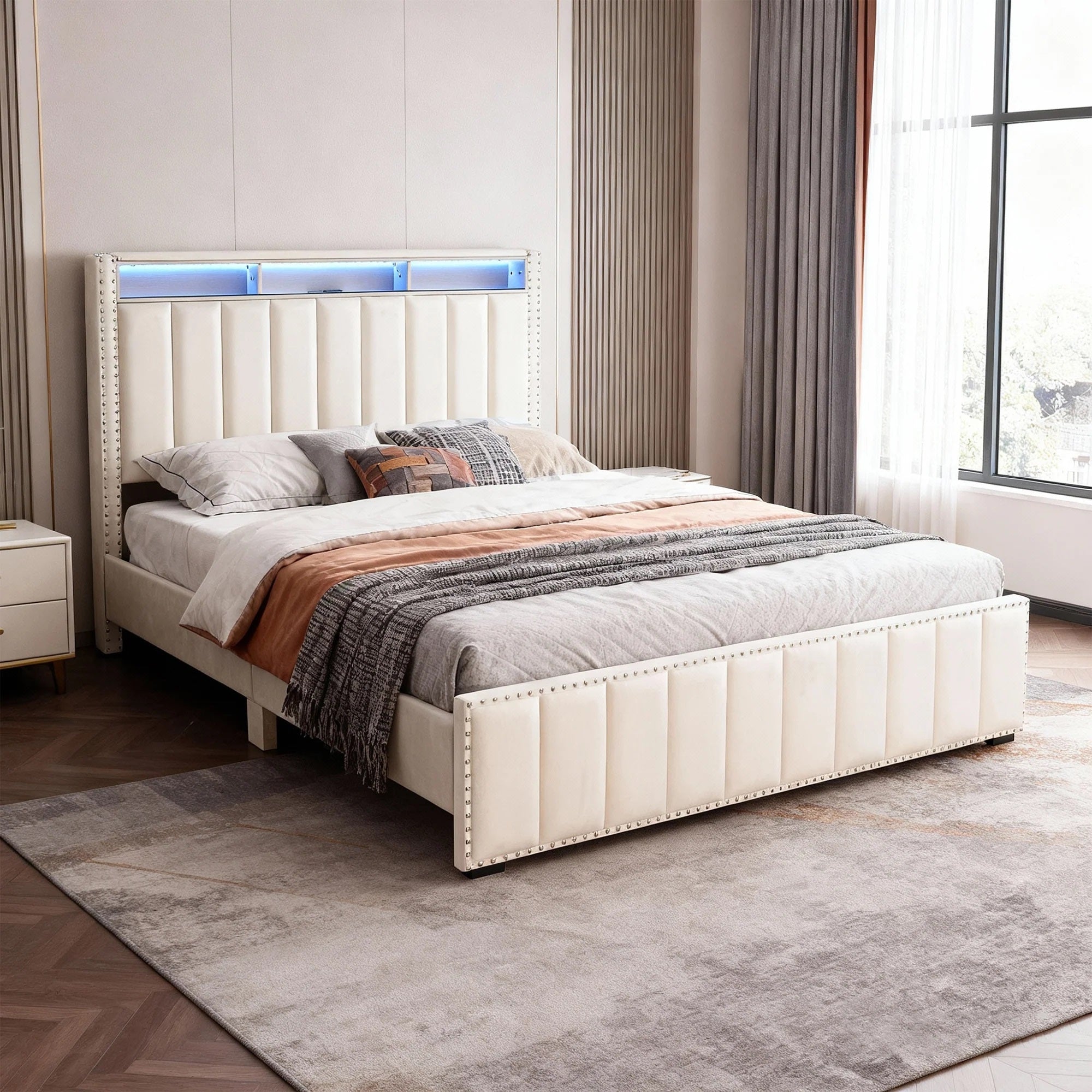 Queen Size Bed 2x Nightstands Bedroom Furniture Contemporary Beige Fabric Upholstered Bedframe w LED Nailhead Trim 3pc Bedroom Set
