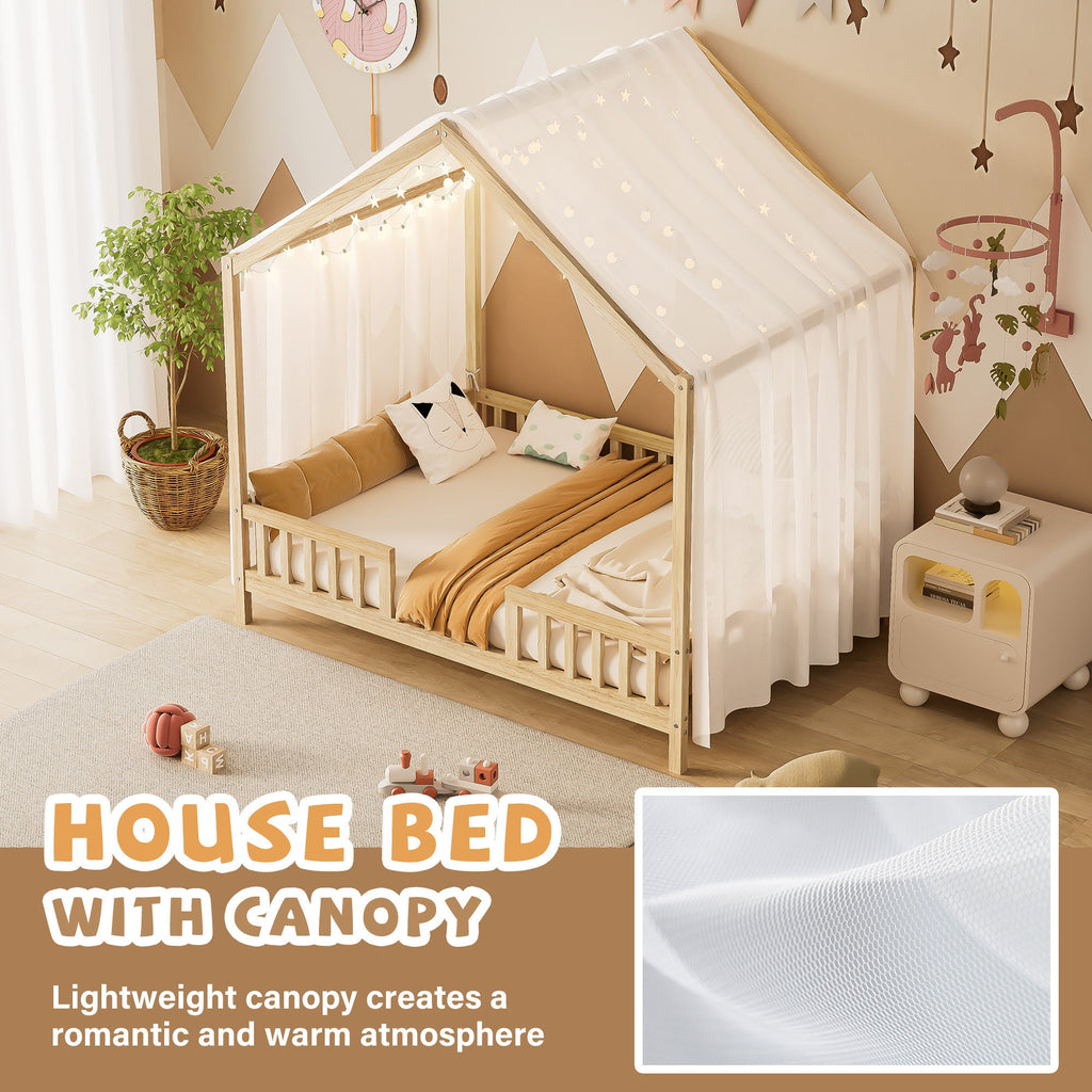 Montessori Floor Bed with Canopy, Full Bed Frame for Kids, House Shape Kids Bed Frame with High Railings, Wood Kids Bed with Roof, Kid Full Bed, Natural