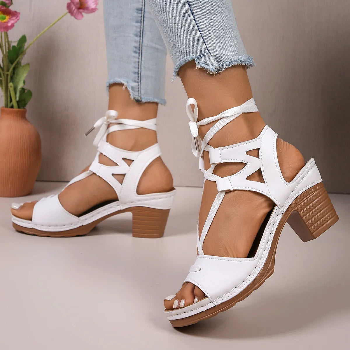 Lace-Up Block Heel Sandals
