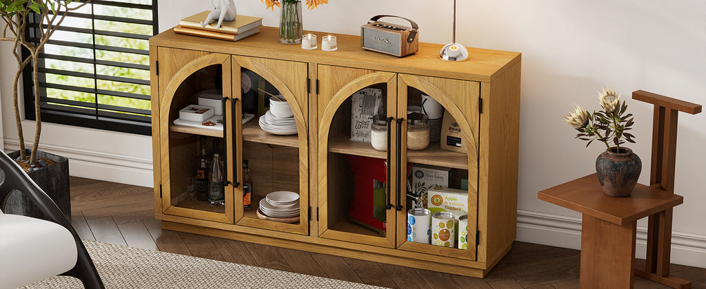 TREXM 4-Door Large Storage Sideboard Buffet Cabinet with Glass Doors, Arched Cabinet with Adjustable Shelves for Kitchen, Dining Room and Living Room (Natural Wood)