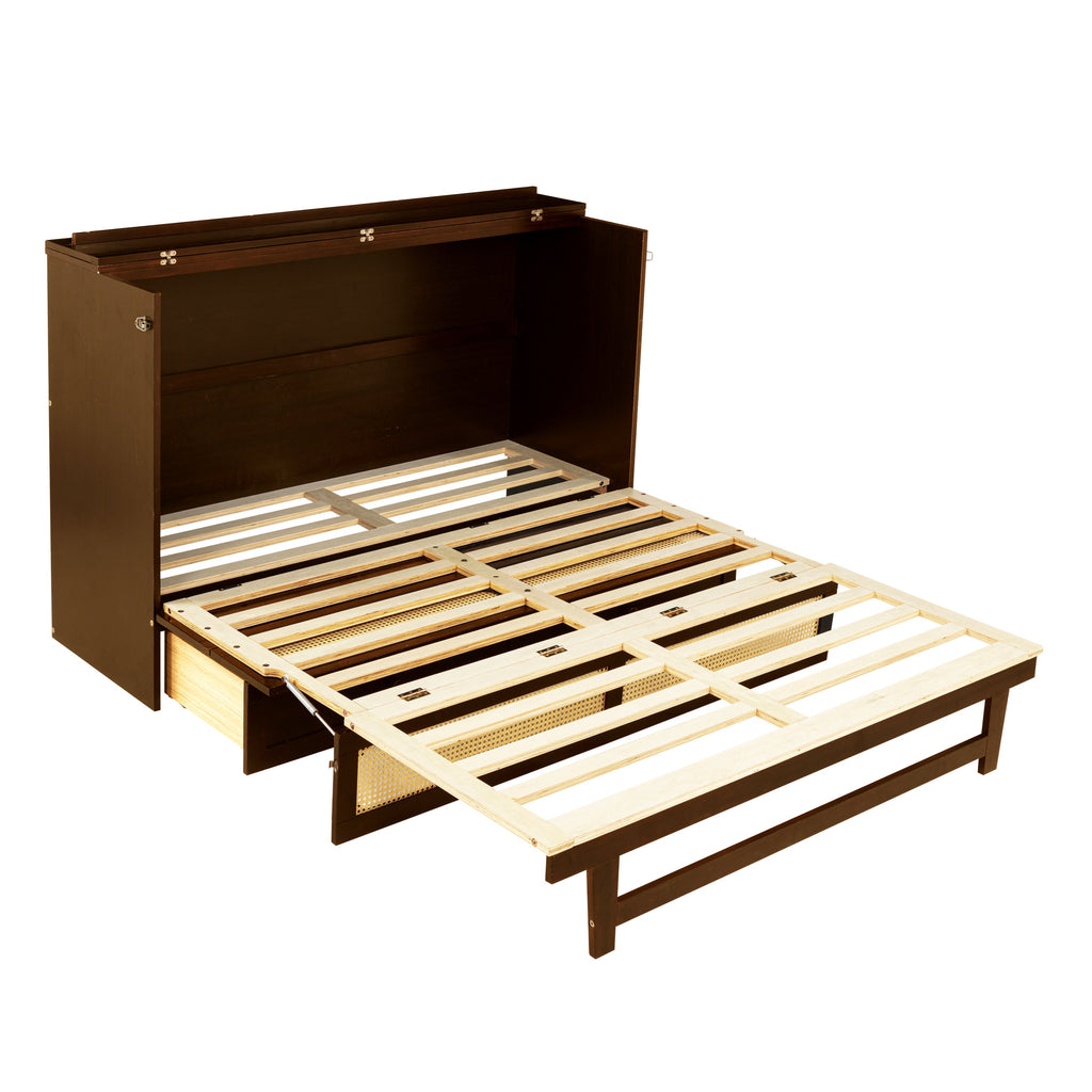 Queen Size Murphy Bed, Pine Wood Cabinet Bed with Rattan Decoration and Storage Drawer,Walnut