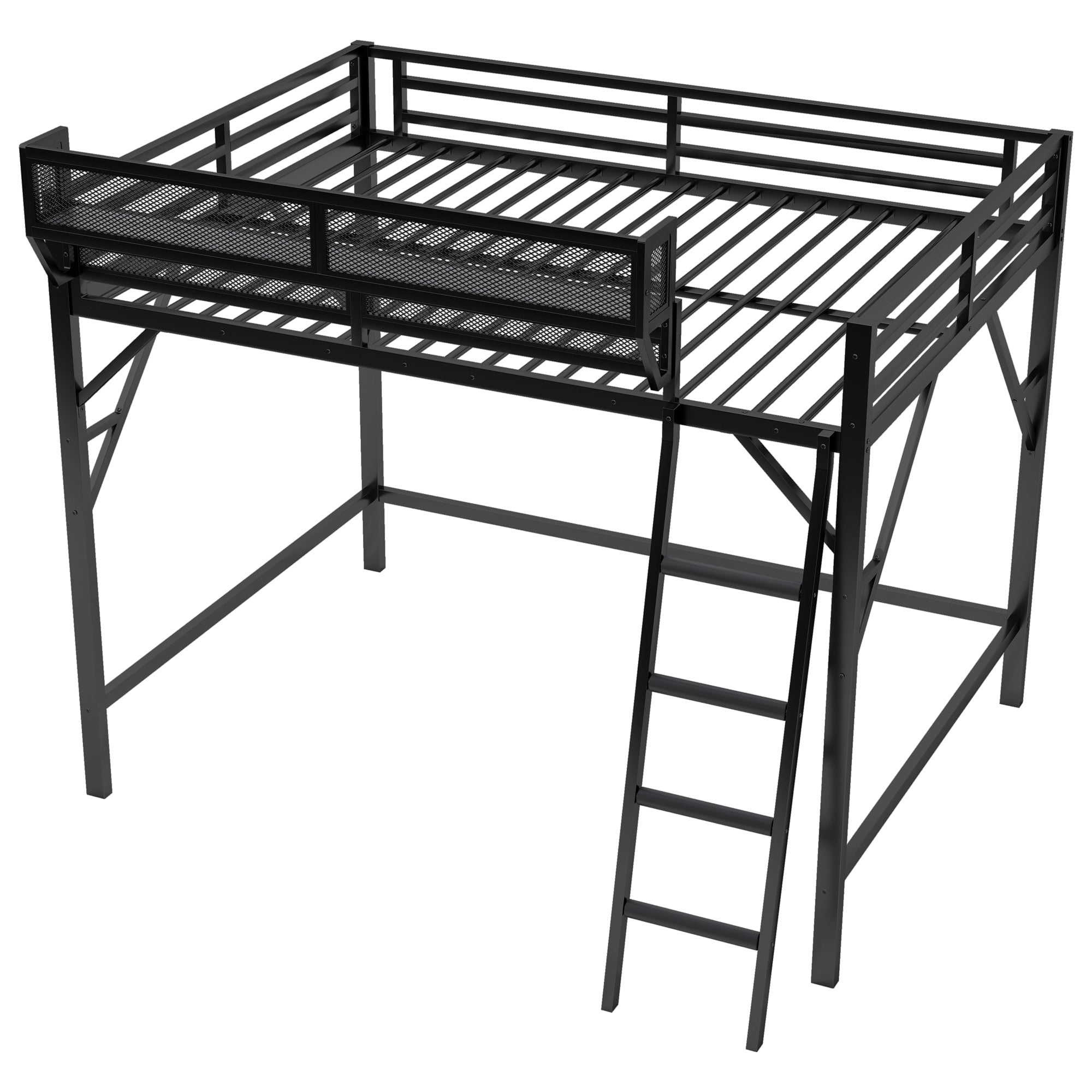 Queen Size Loft Bed with Ladder, Metal Queen Loft Bed with Storage Shelves, High Loft Bed for Kids Teens, Black(Expect Arrival Date 2025/12/3, Old SKU W2580P353530)