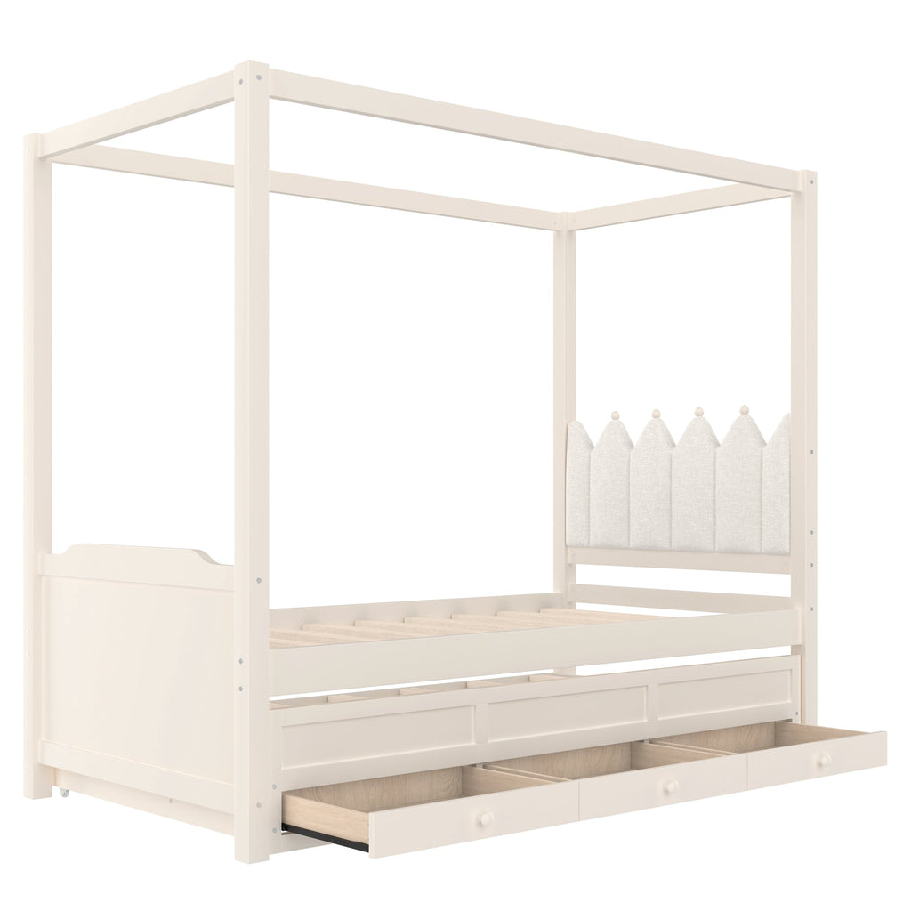 Twin Platform Bed with Upholstered Headboard,Twin Size Trundle and 3 Drawers,Princess Canopy Bed Frame for Kids,Storage & Easy Assembly,Beige