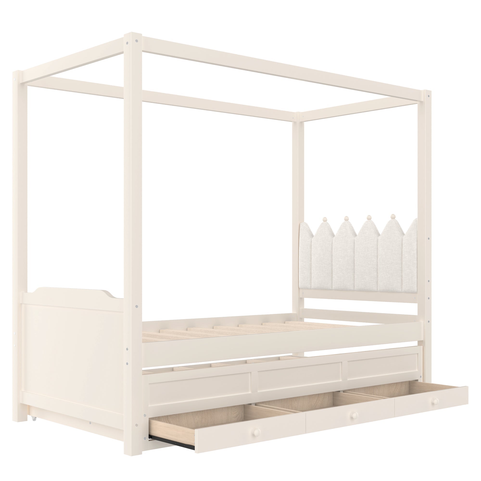 Twin Platform Bed with Upholstered Headboard,Twin Size Trundle and 3 Drawers,Princess Canopy Bed Frame for Kids,Storage & Easy Assembly,Beige