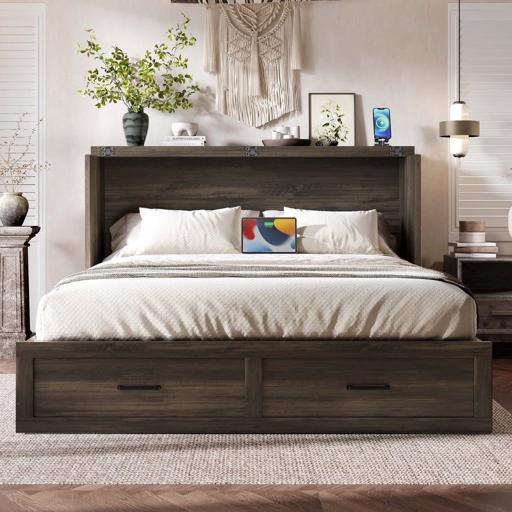 Murphy Bed Cabinet Queen Size with Charging Station, Multi-Functional Foldable Platform Bed with 1 Large Storage Drawer for Guest Room, Small Bedroom, Rustic Gray
