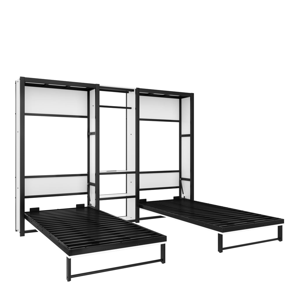 Twin and Twin Murphy Bed, Metal Foldable Murphy Bed with Wardrobe, Shelves and Power Outlets, 2 in 1 Design, Space-saving, White