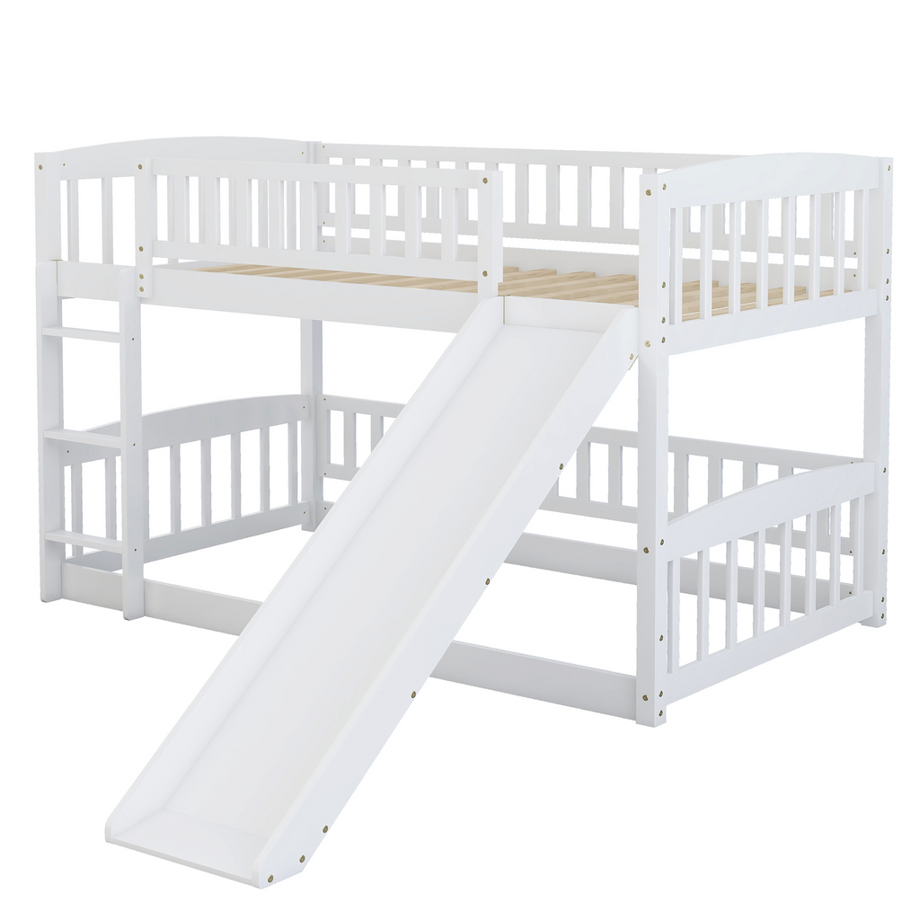 Bunk Bed with Slide,Twin Over Twin Low Bunk Bed with Fence and Ladder for  Kids Teens White