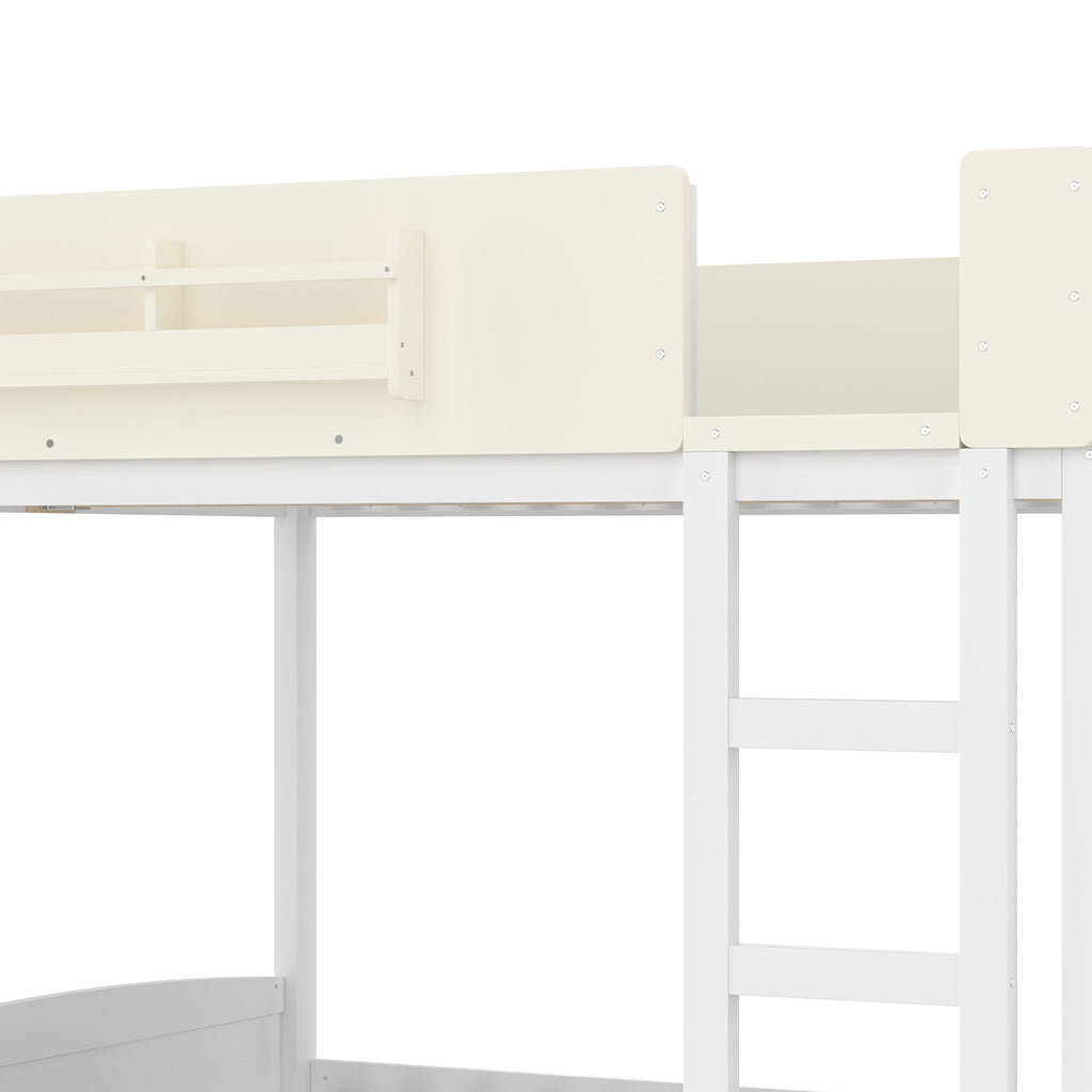 Queen Bunk Bed with Trundle , Wood Bunk Bed Frame with Built-in Bookshelf and High-quality Safety Guardrail,Automobile Form Design for Kids ,White＆ Beige.