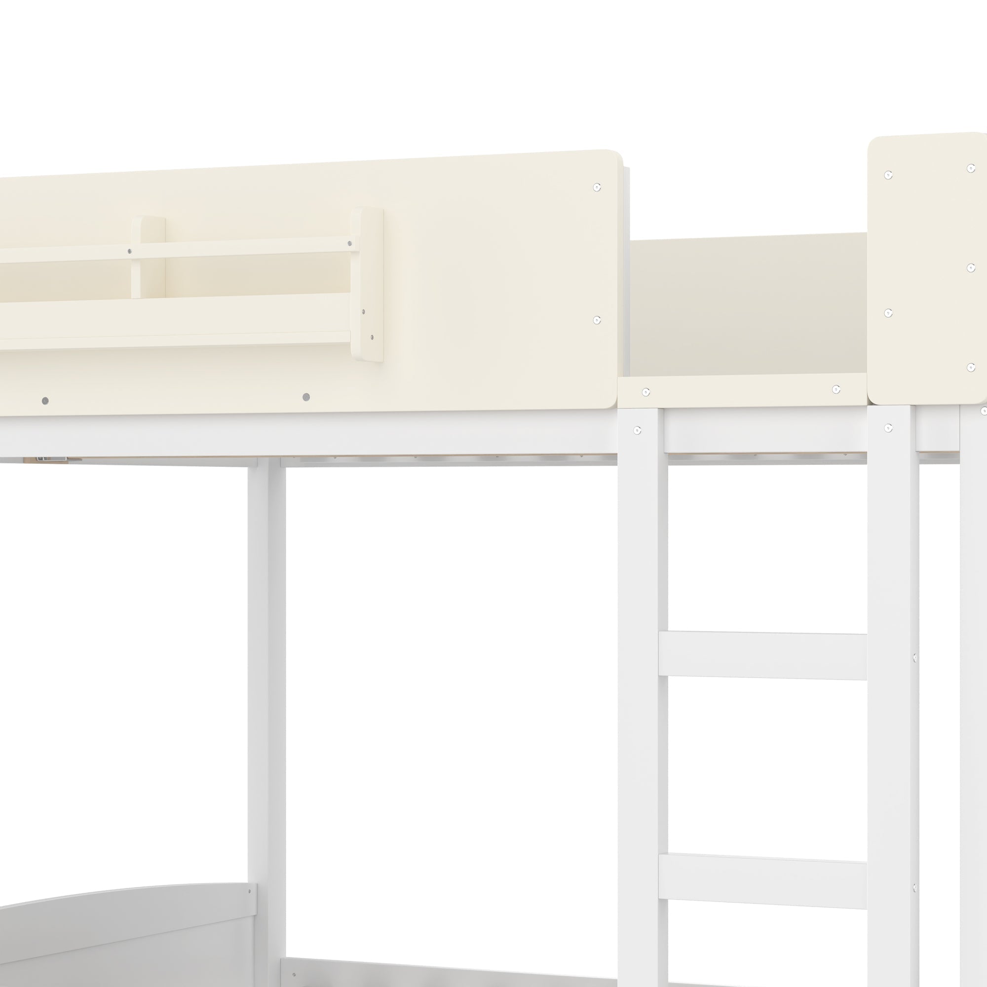 Queen Bunk Bed with Trundle , Wood Bunk Bed Frame with Built-in Bookshelf and High-quality Safety Guardrail,Automobile Form Design for Kids ,White＆ Beige.
