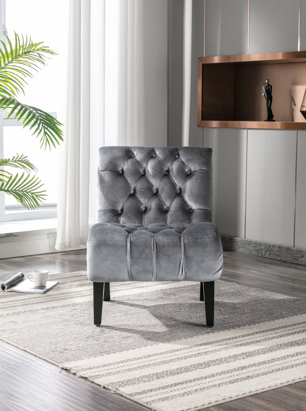 COOLMORE Modern Velvet Armless Accent Living Room Chair / Leisure Chair,Upholstered Fabric Button Comfortable Chair with Wooden Legs for Bedroom, Living Room, Office (Silver Velvet)