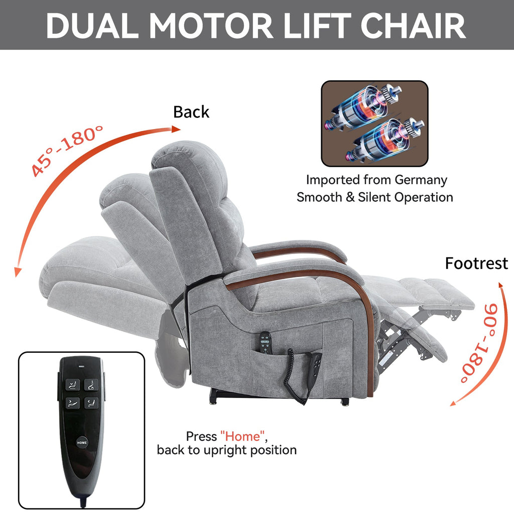Power Grey Chenille Lift Recliner Chair Dual Motor Infinite Position Up to 350 LBS with Solid Wood Armrests, Heat Massage and Heavy Duty Motion Mechanism