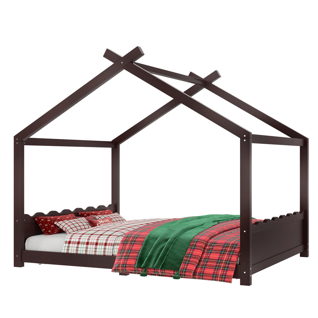 Queen House Floor Bed with Support Slats, Solid Wood House Bed Frame for Kids, No Box Spring Needed and Opening Constructure, Espresso