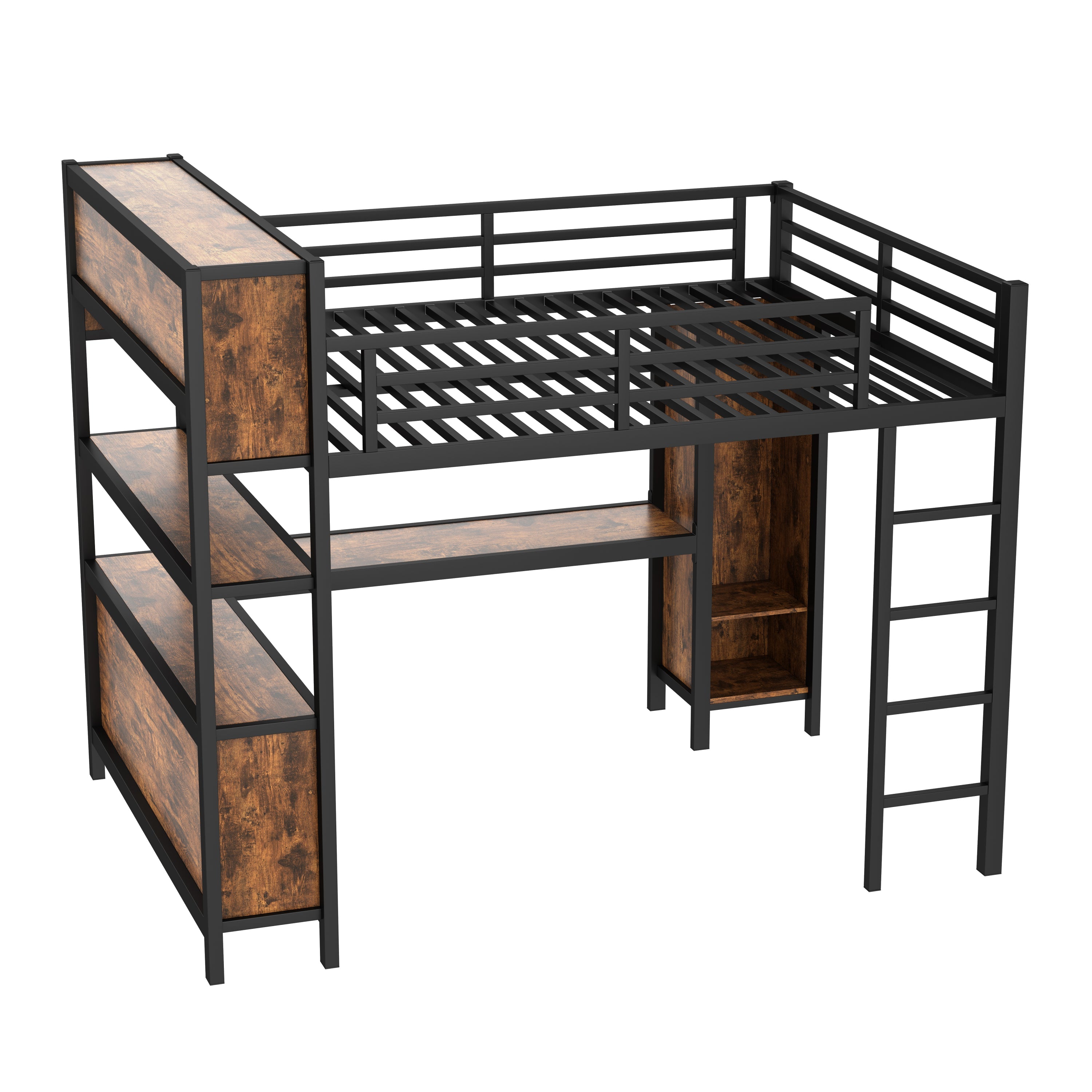 Metal Loft Bed with Wardrobe And L-shaped Desk, Queen Size Loft Bed with Storage Cubes and Shelves, Heavy Duty Loft Bed for Kids Teens Adults, Black Woodgrain
