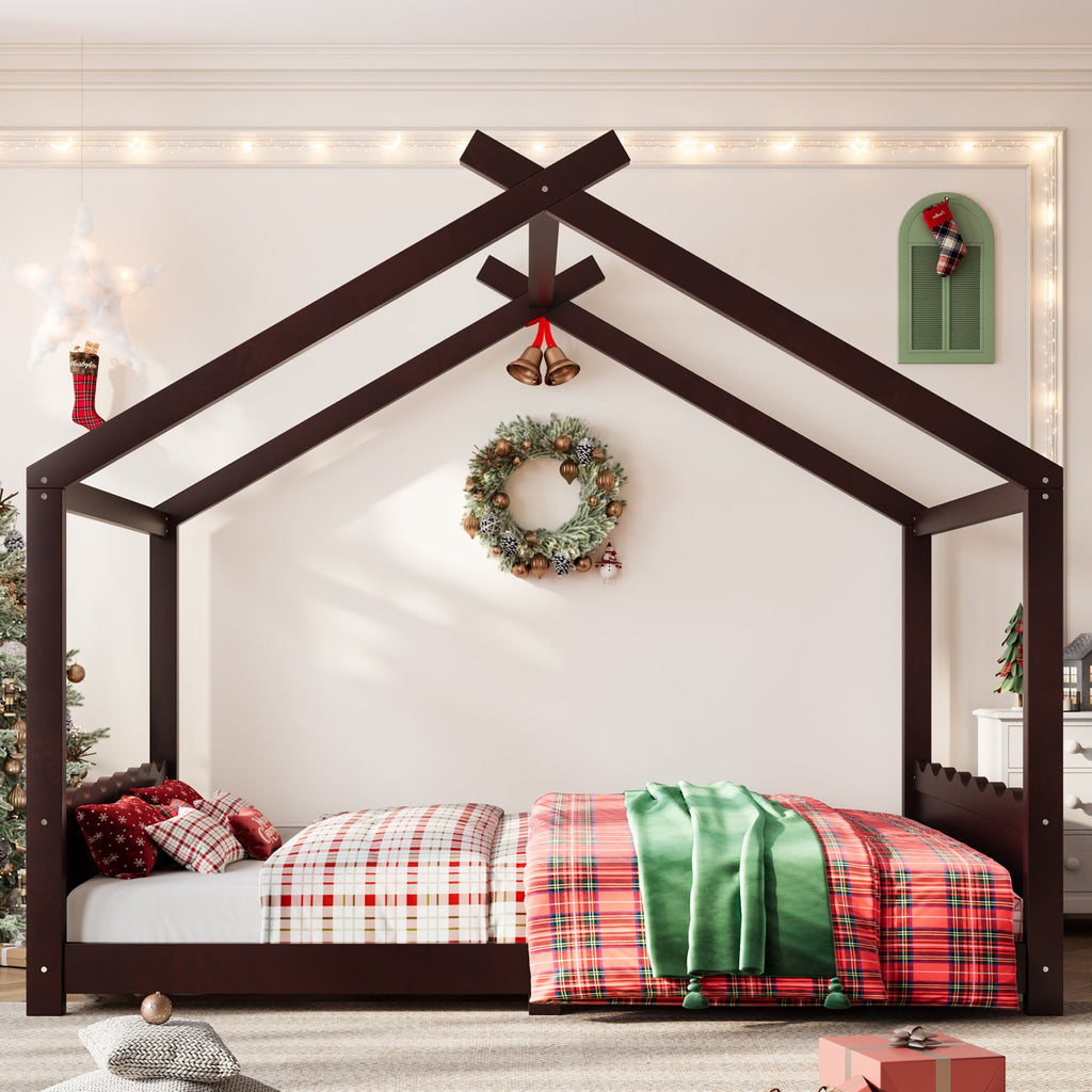 Queen House Floor Bed with Support Slats, Solid Wood House Bed Frame for Kids, No Box Spring Needed and Opening Constructure, Espresso
