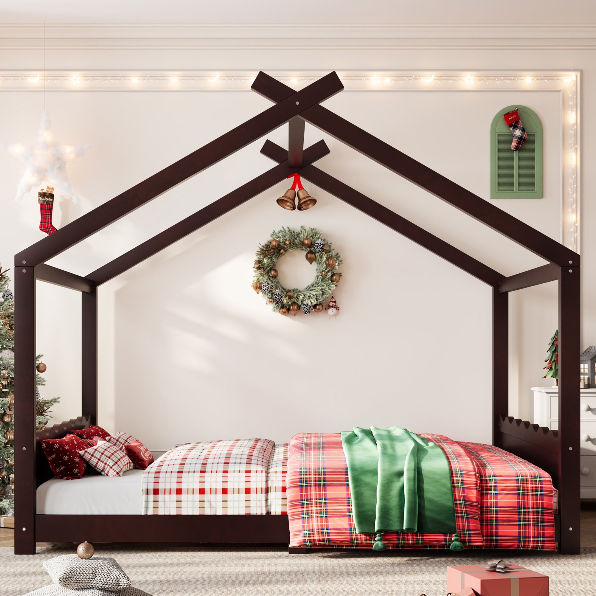 Queen House Floor Bed with Support Slats, Solid Wood House Bed Frame for Kids, No Box Spring Needed and Opening Constructure, Espresso