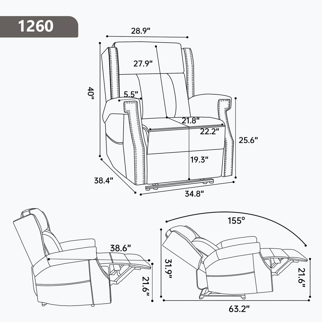 Grey Manual Recliner Chair in Faux Leather for Living Room with Heavy Duty Motion Mechanism, 8 vibrating nodes and 3 massage modes.