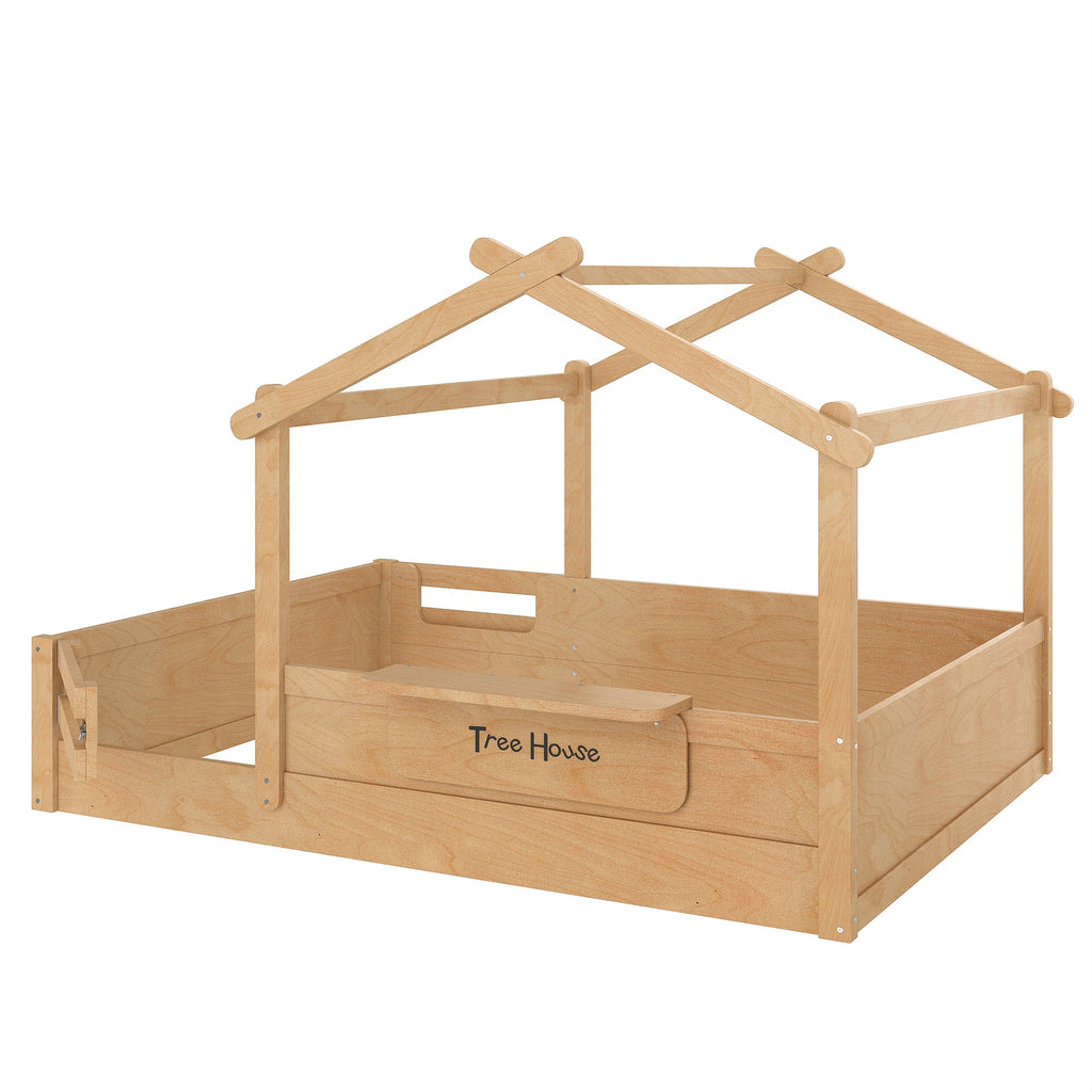 Full Size Floor Bed with Guardrails and Roof, Kids House Floor Bed with a Small Built-in Tray and Free-installed Signboard, Childlike Design, Natural