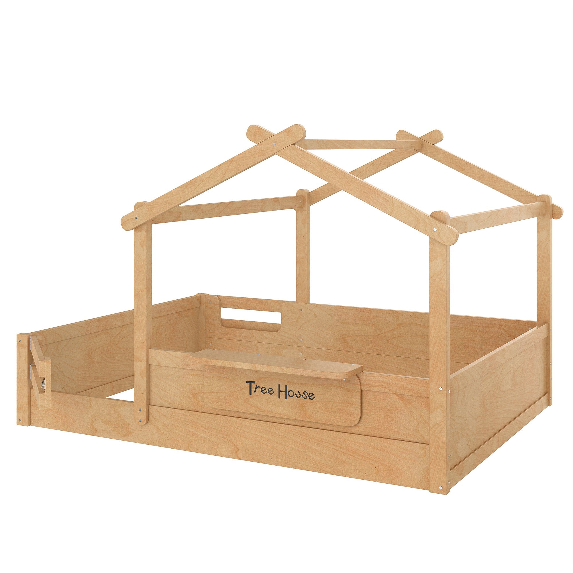 Full Size Floor Bed with Guardrails and Roof, Kids House Floor Bed with a Small Built-in Tray and Free-installed Signboard, Childlike Design, Natural