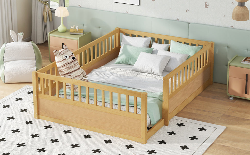 Full Floor Bed Frame with Fence, Montessori wooden children's floor bed,Wood Kids Floor Beds Frame for Bedroom Playroom,Natural