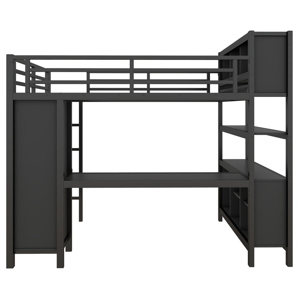 Metal Loft Bed with Wardrobe And L-shaped Desk, Full Size Loft Bed with Storage Cubes and Shelves, Heavy Duty Loft Bed for Kids Teens Adults, Black