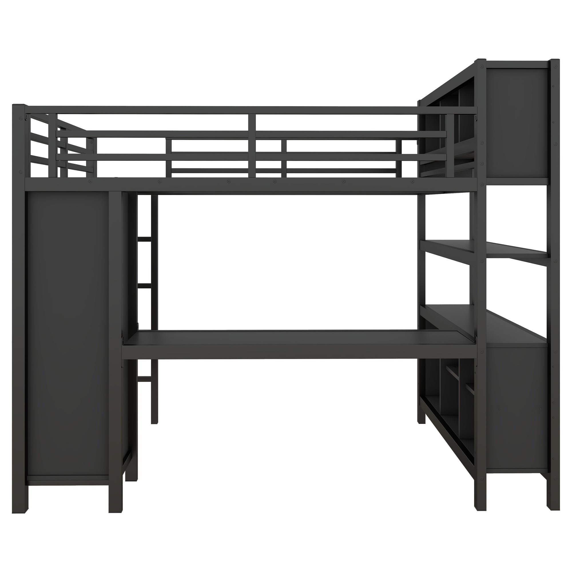 Metal Loft Bed with Wardrobe And L-shaped Desk, Full Size Loft Bed with Storage Cubes and Shelves, Heavy Duty Loft Bed for Kids Teens Adults, Black