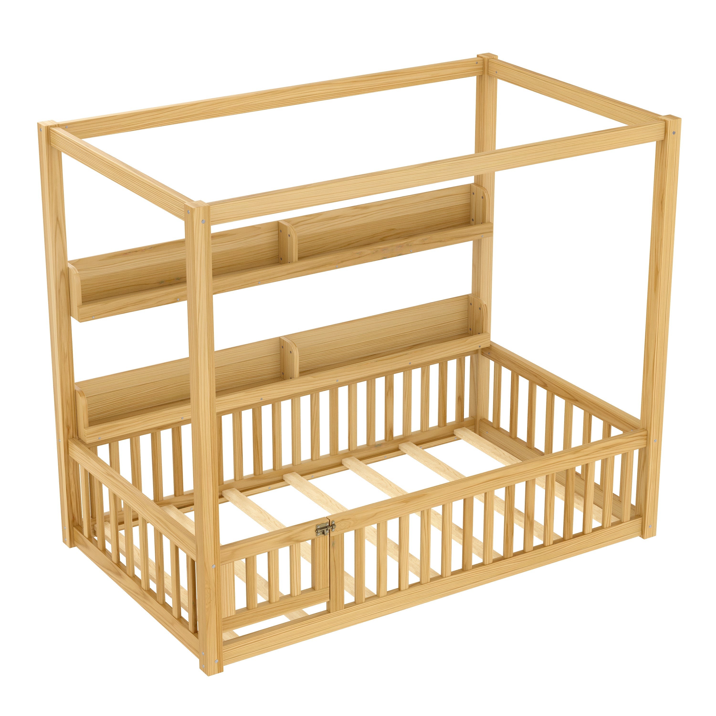 Twin Size Canopy Bed with Guardrails, Solid Wood Floor Bed with Shelves, Montessori Floor Bed Frame for Kids, Boys, Girls, No Spring Box Needed, Natural