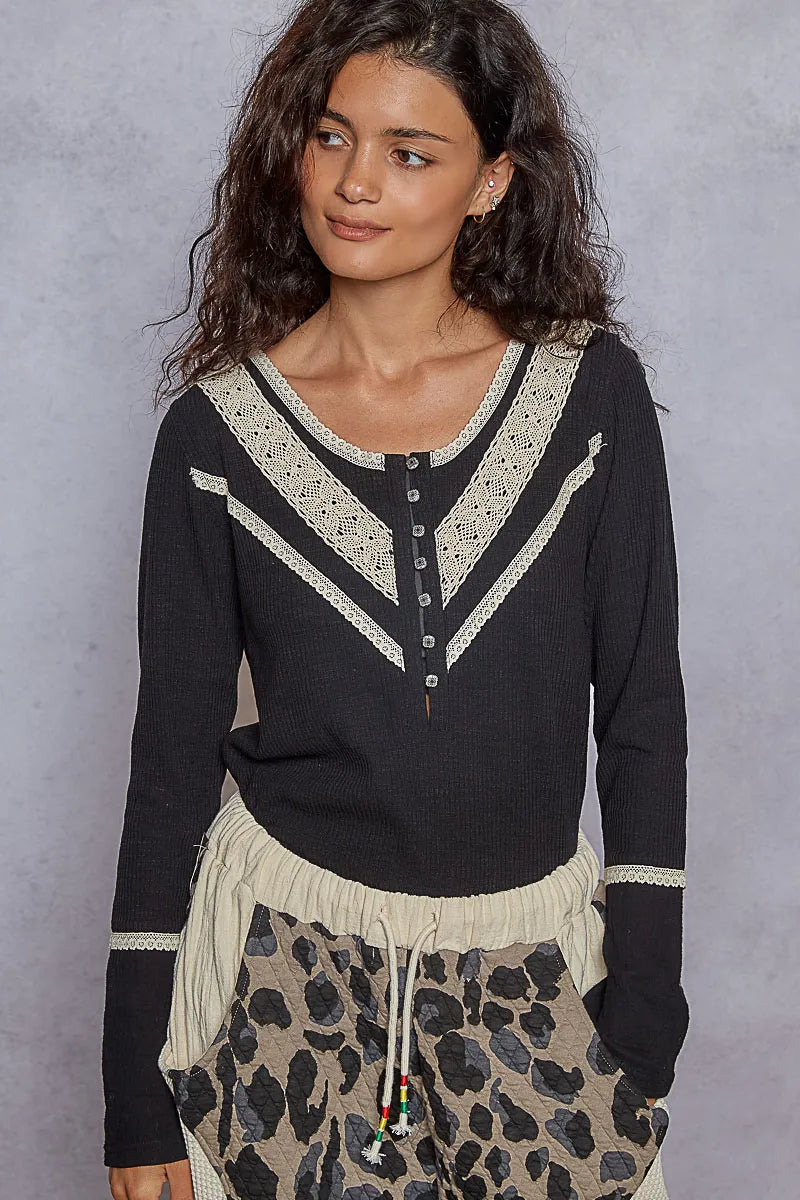 POL Ribbed Half Button Lace Detail Knit Top