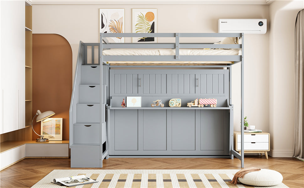 Full Over Full Size Murphy Bed with Hydraulic Lift & Desk Design, Gray