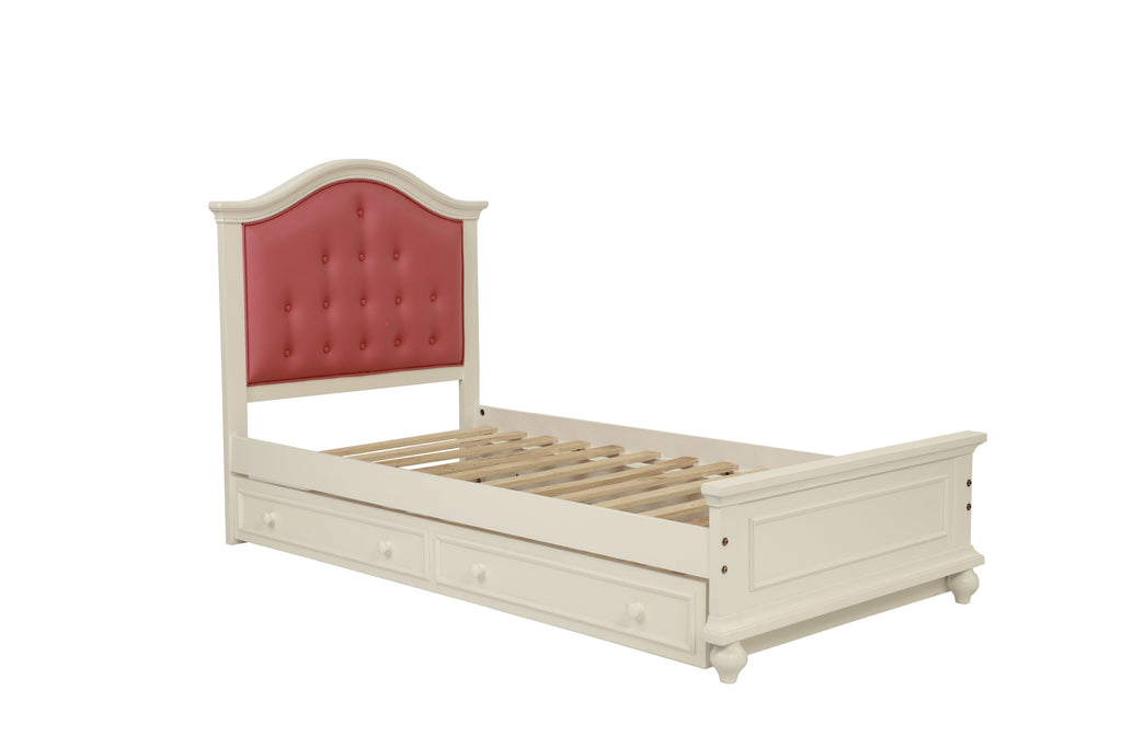 Contemporary Style Twin Size Bed w/ Trundle Slats Pine Plywood Kids Youth Bedroom Furniture Pink Faux Leather Tufted HB