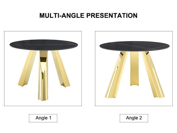 The 42-inch stainless steel gold-plated flamed granite round table with seating for 4 or 6 people is perfect for dining, entertaining, or as a conference table