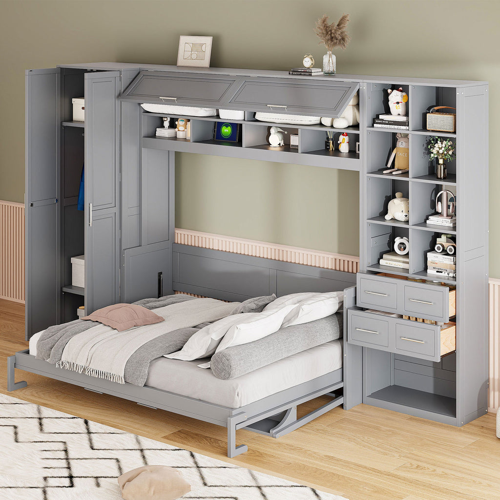 Queen Size Murphy Bed Wall Bed with Closet , Drawers and Shelves,Gray
