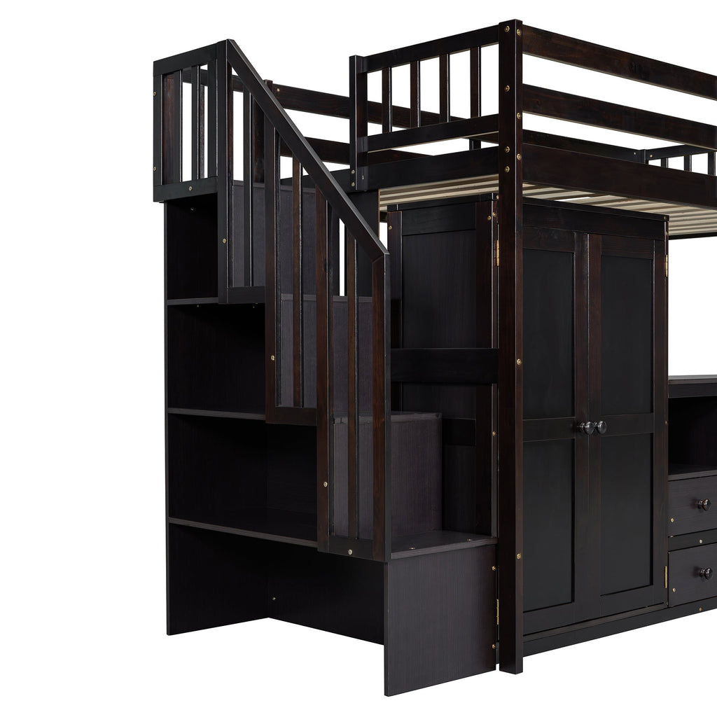 Twin Size Loft Bed with Stairs, Bookshelf, Drawers, Desk & Wardrobe – Space-Saving Multifunctional Furniture for Kids & Teens-Espresso