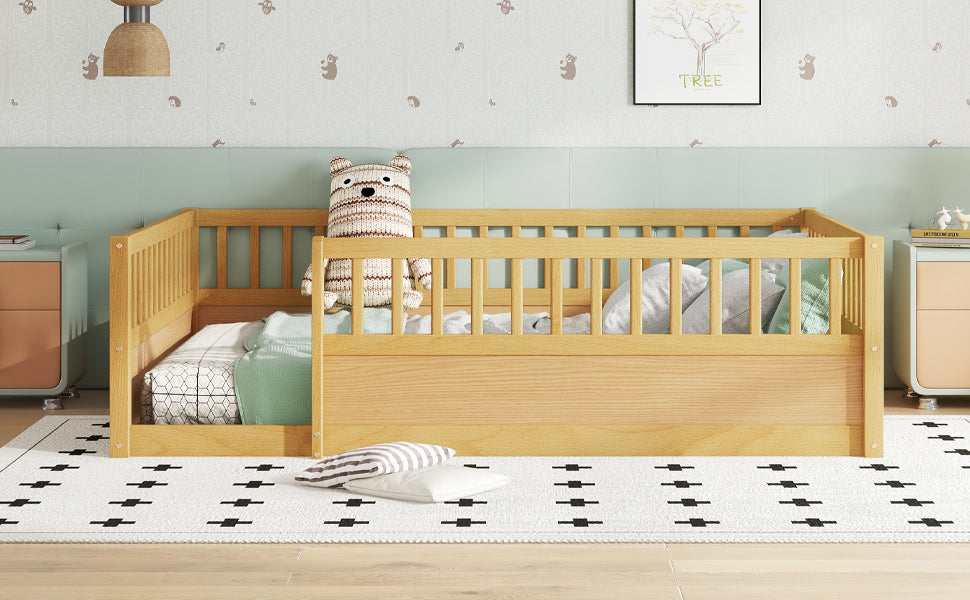 Full Floor Bed Frame with Fence, Montessori wooden children's floor bed,Wood Kids Floor Beds Frame for Bedroom Playroom,Natural