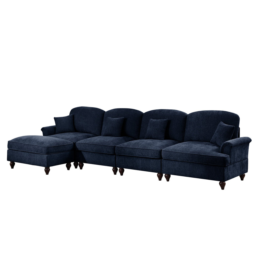 Classic Three Seater Modular L Shaped Sectional Couch with Flared Arms and Removable Ruffles Pleats Skirts and Spindle Legs, Comfy Chenille Four-Seat Deep Seat Sofa with Movable Ottoman, Blue