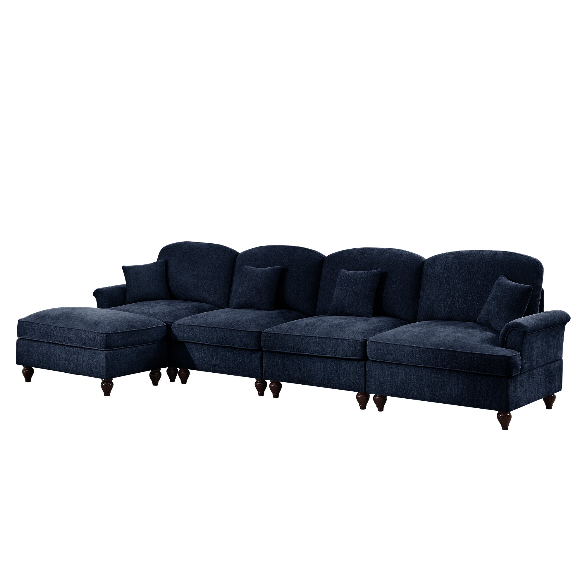 Classic Three Seater Modular L Shaped Sectional Couch with Flared Arms and Removable Ruffles Pleats Skirts and Spindle Legs, Comfy Chenille Four-Seat Deep Seat Sofa with Movable Ottoman, Blue