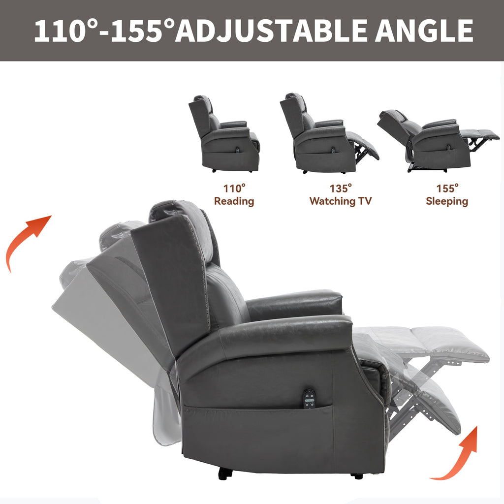 Grey Manual Recliner Chair in Faux Leather for Living Room with Heavy Duty Motion Mechanism, 8 vibrating nodes and 3 massage modes.