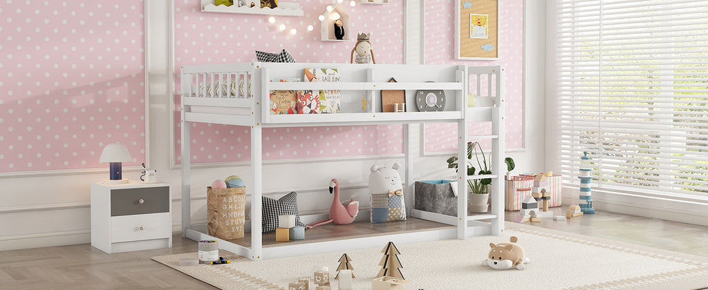 Low Twin Over Twin Bunk Bed, Floor Bunk Bed with Ladder, Solid Wood Twin Bunk Bed for Kids & Juniors, White(Expect Arrival Date 2025/11/25)