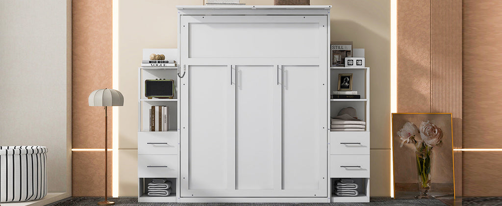 Queen Size Murphy Bed Wall Bed with Shelves, Drawers and LED Lights,White(OLD SKU:LP000566AAK-1)