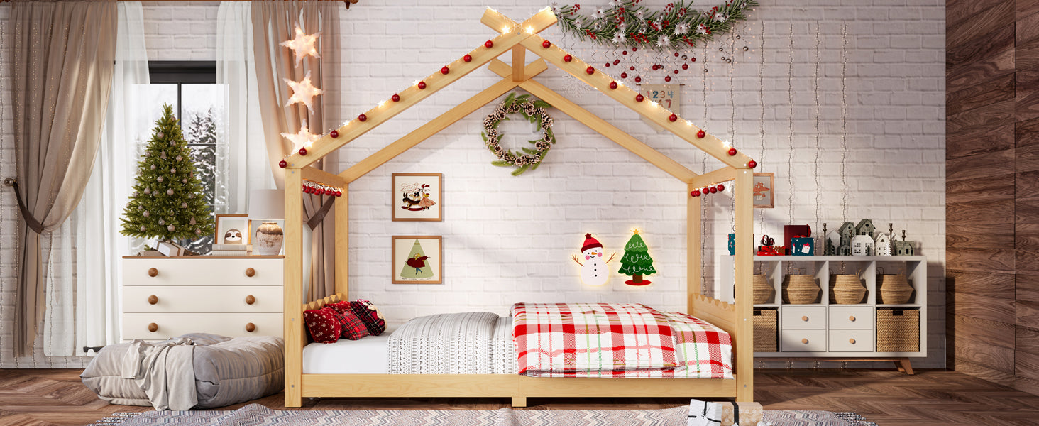 Full House Floor Bed with Support Slats, Solid Wood House Bed Frame for Kids, No Box Spring Needed and Opening Constructure, Natural