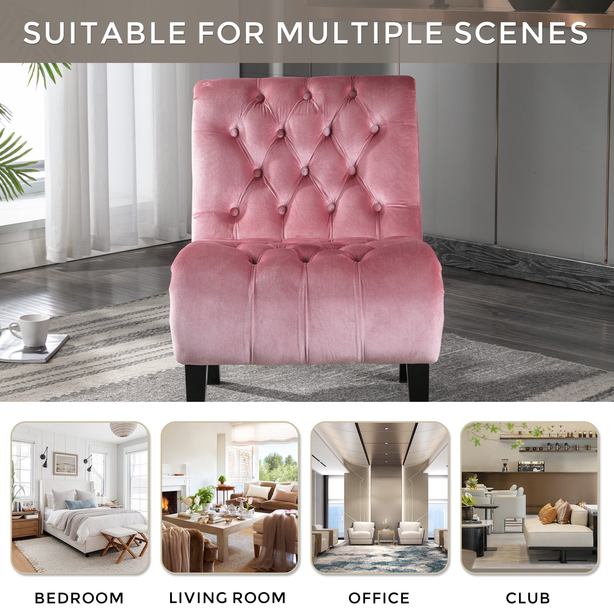 COOLMORE Modern Velvet Armless Accent Living Room Chair / Leisure Chair,Upholstered Fabric Button Comfortable Chair with Wooden Legs for Bedroom, Living Room, Office (Pink Velvet)