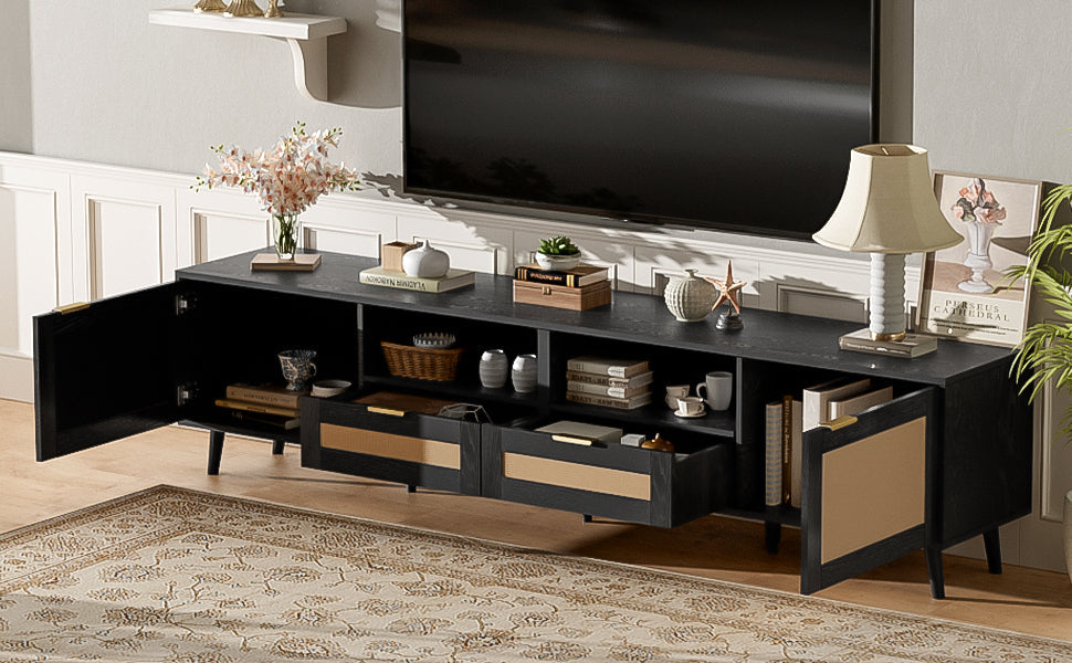 Rattan TV Stand for TVs up to 85'', Modern Farmhouse Media Console, Entertainment Center with Solid Wood Legs, TV Cabinet for Living Room,Home Theatre