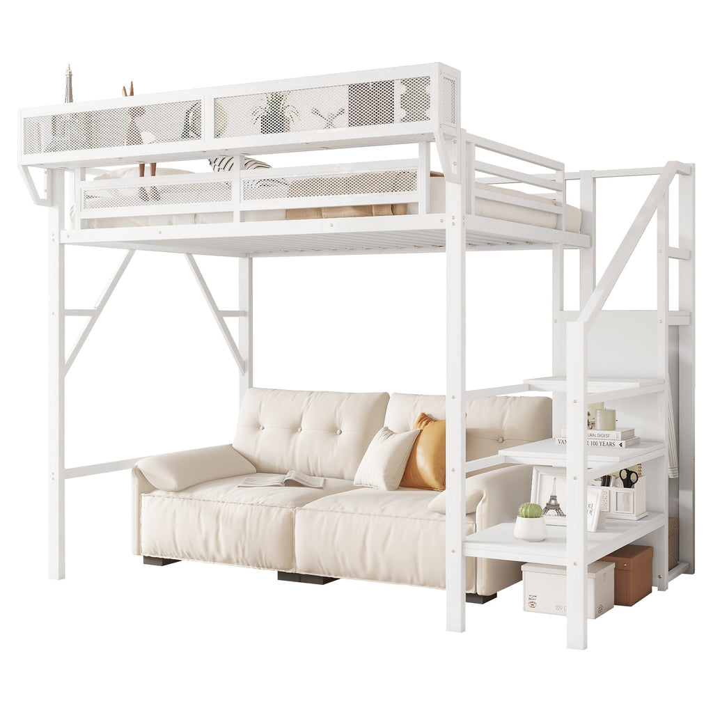 Twin Size Loft Bed with Stairs, Metal Full Loft Bed with Storage Shelves, High Loft Bed with Wardrobe for Kids Teens,White(Expect Arrival Date 2025/9/22)