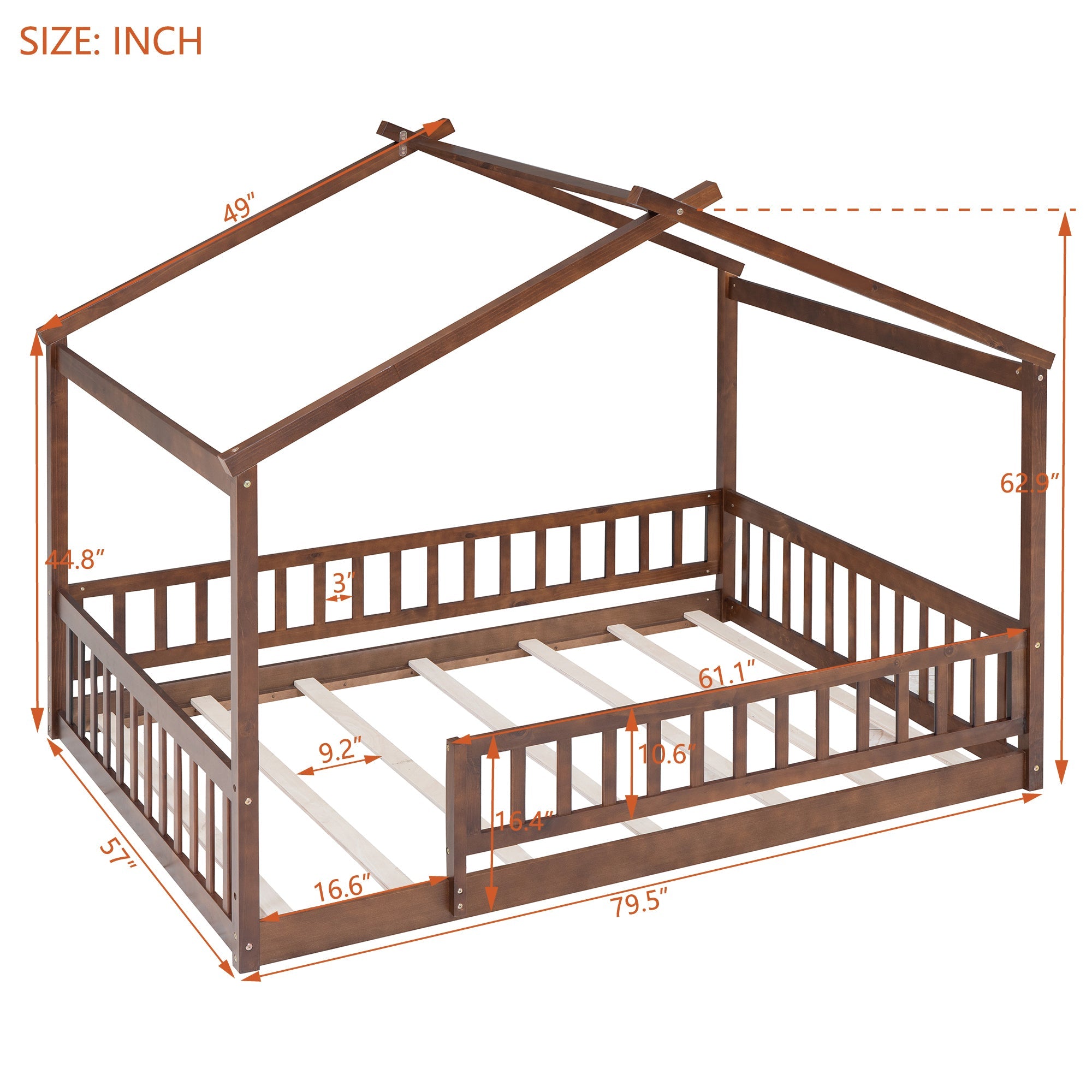 Full Size Wood Bed House Bed Frame with Fence, for Kids, Teens, Girls, Boys,Walnut