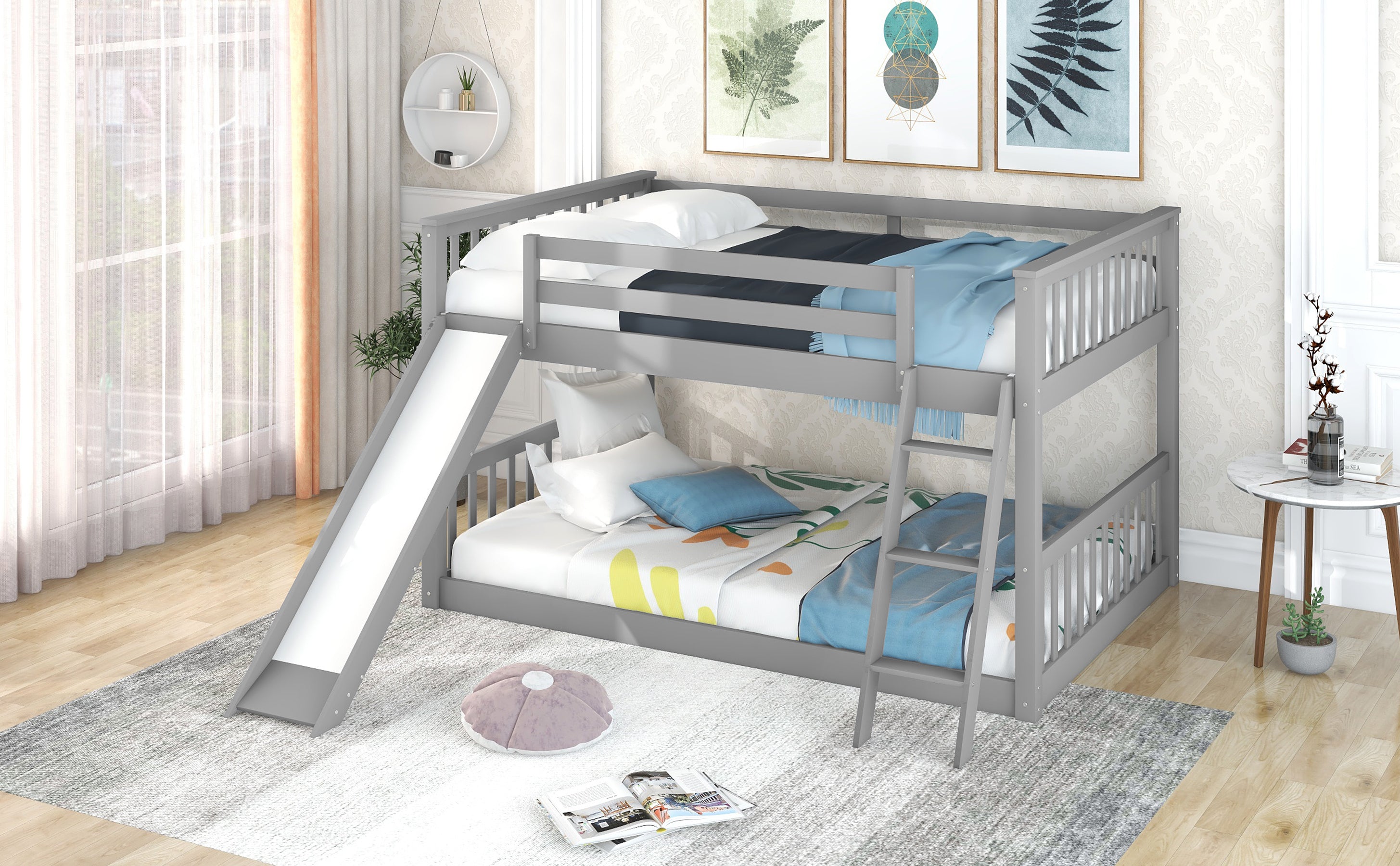 Full over Full Bunk Bed with Convertible Slide and Ladder, Gray(Old SKU: GX000708AAE)