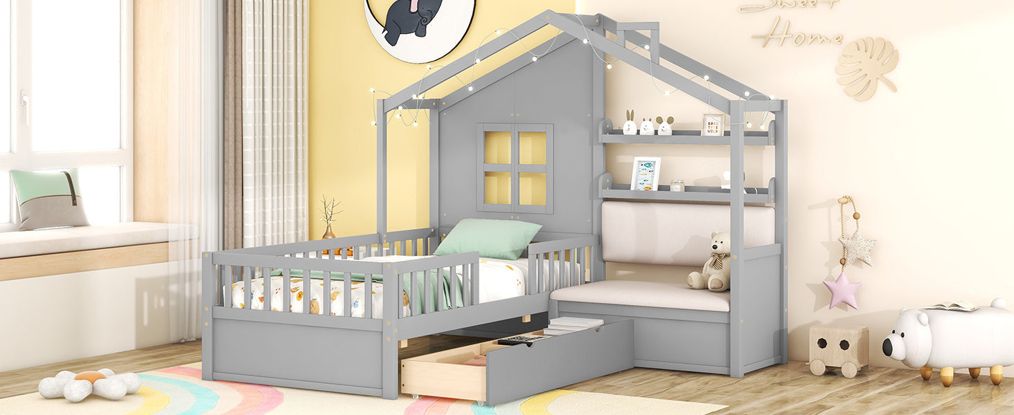 Twin Size House Bed with Sofa, Kids Platform Bed with Two Drawers and Storage Shelf, Gray (Old SKU:HL000065AAE)