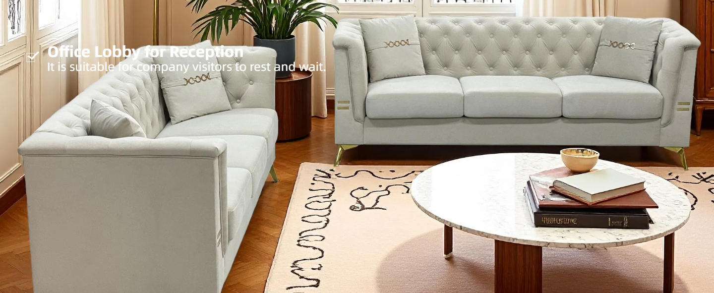 FX-P83-2PC SOFA -CW4  Modern Velvet Upholstered Sofa Set of 2, Cream White 3-Seater Sofas with Gold Metal Legs Contemporary Living Room Furniture for Family Homes, Apartments, and Lounge Spaces