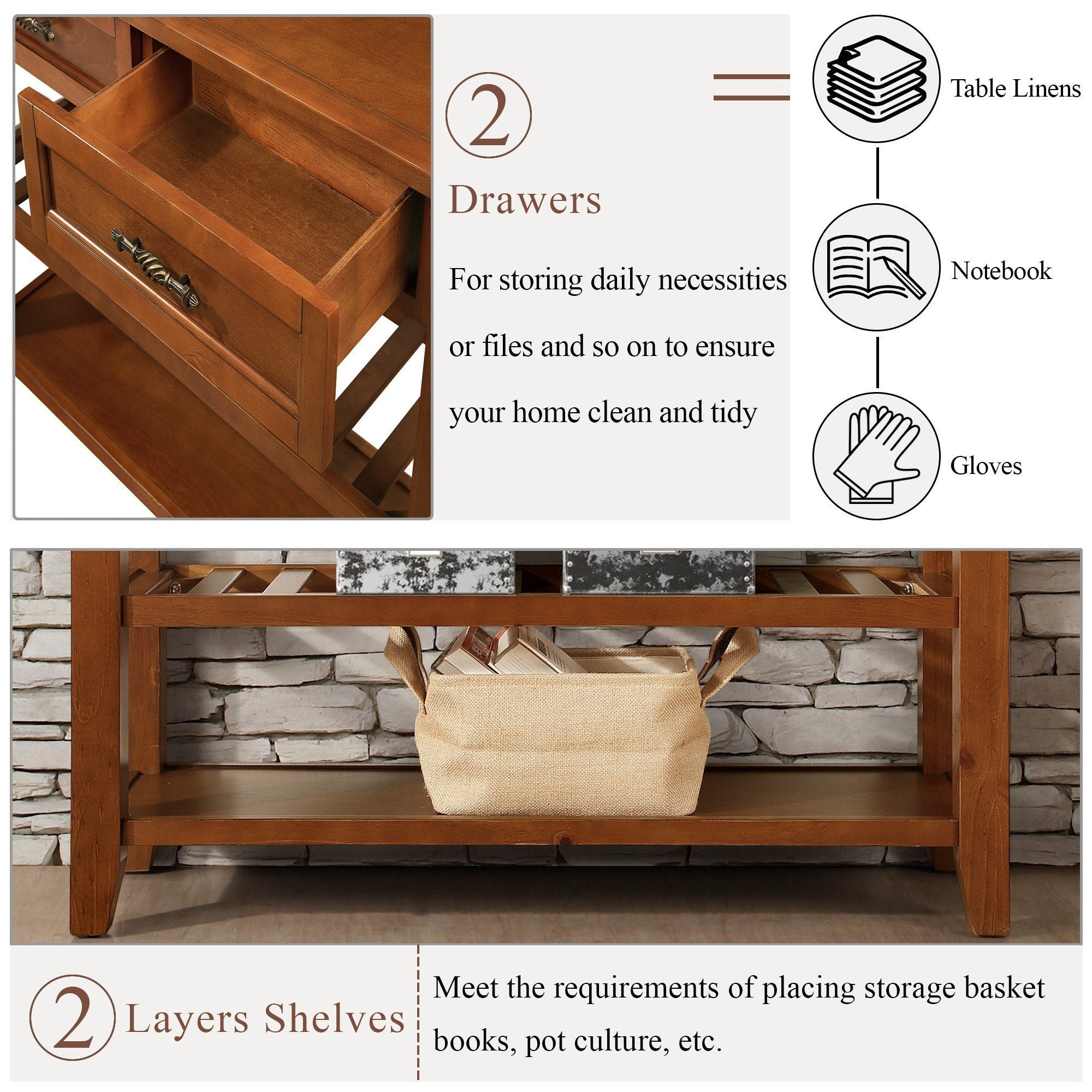 Console Sofa Table with 2 Storage Drawers and 2 Tiers Shelves, Mid-Century Style 42'' Solid Wood Buffet Sideboard for Living Room Furniture Kitchen Dining Room Entryway Hallway, Brown